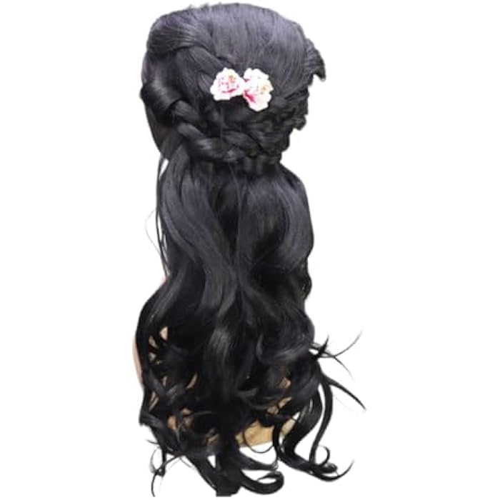 DILLARDS Elegant Black Synthetic Wig With Braided Crown, Long Wavy Style, Floral Hair Accessory, Cosplay Costume Party Wig - Image 1